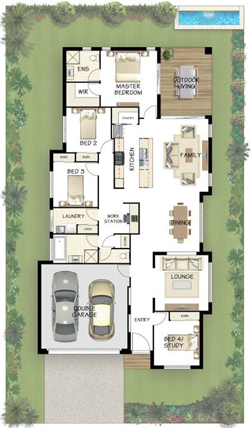 Plan casa parter cu living cu bucatarie openspace cu loc de luat masa pe terasa trei dormitoare si garaj pentru doua masini