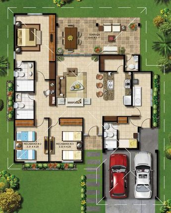 Plan casa parter cu living cu bucatarie openspace cu terasa acoperita trei dormitoare si garaj pentru doua masini