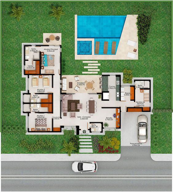 Plan casa parter in forma de L cu psicina si terasa cu deck living cu bucatarie openspace si trei dormitoare